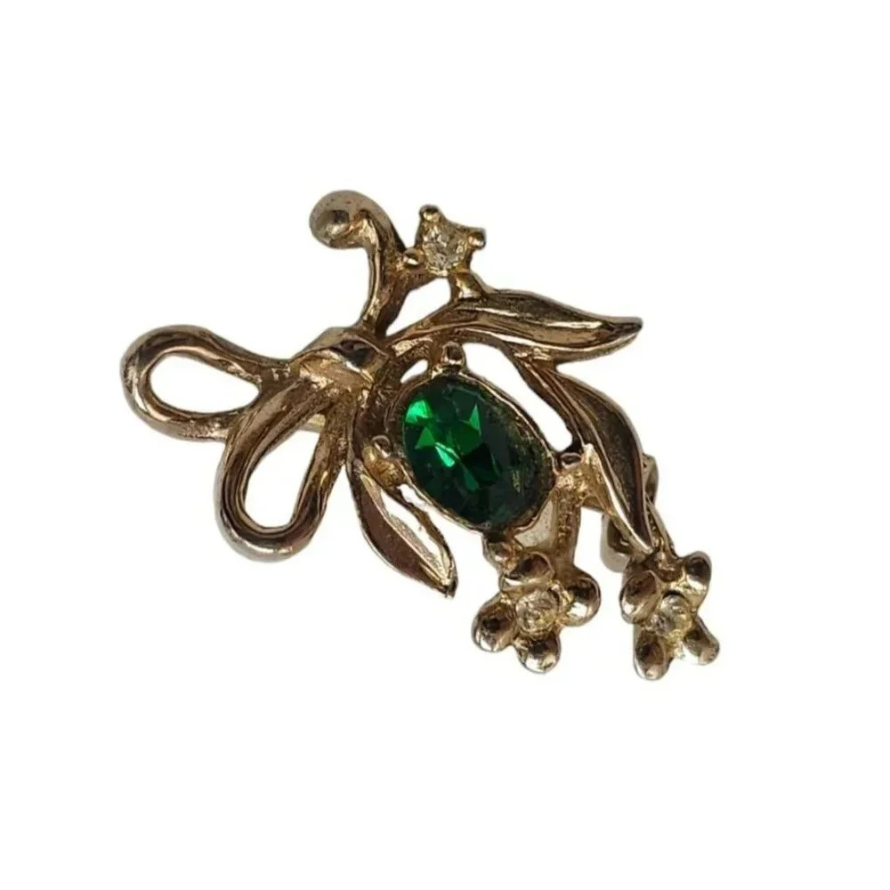 Clear Rhinestone Emerald Green Stone Bow Floral Brooch Pin Gold Tone Vintage